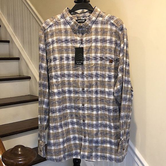 SOLARIS Mens Khaki Navy Blue Graphic Button Down Long Sleeve Shirt Sz 3XLT NWT - Picture 1 of 11